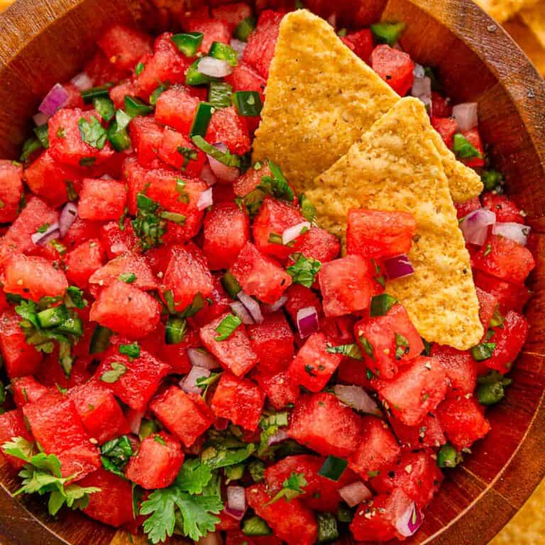 watermelon salsa with tortilla chips.