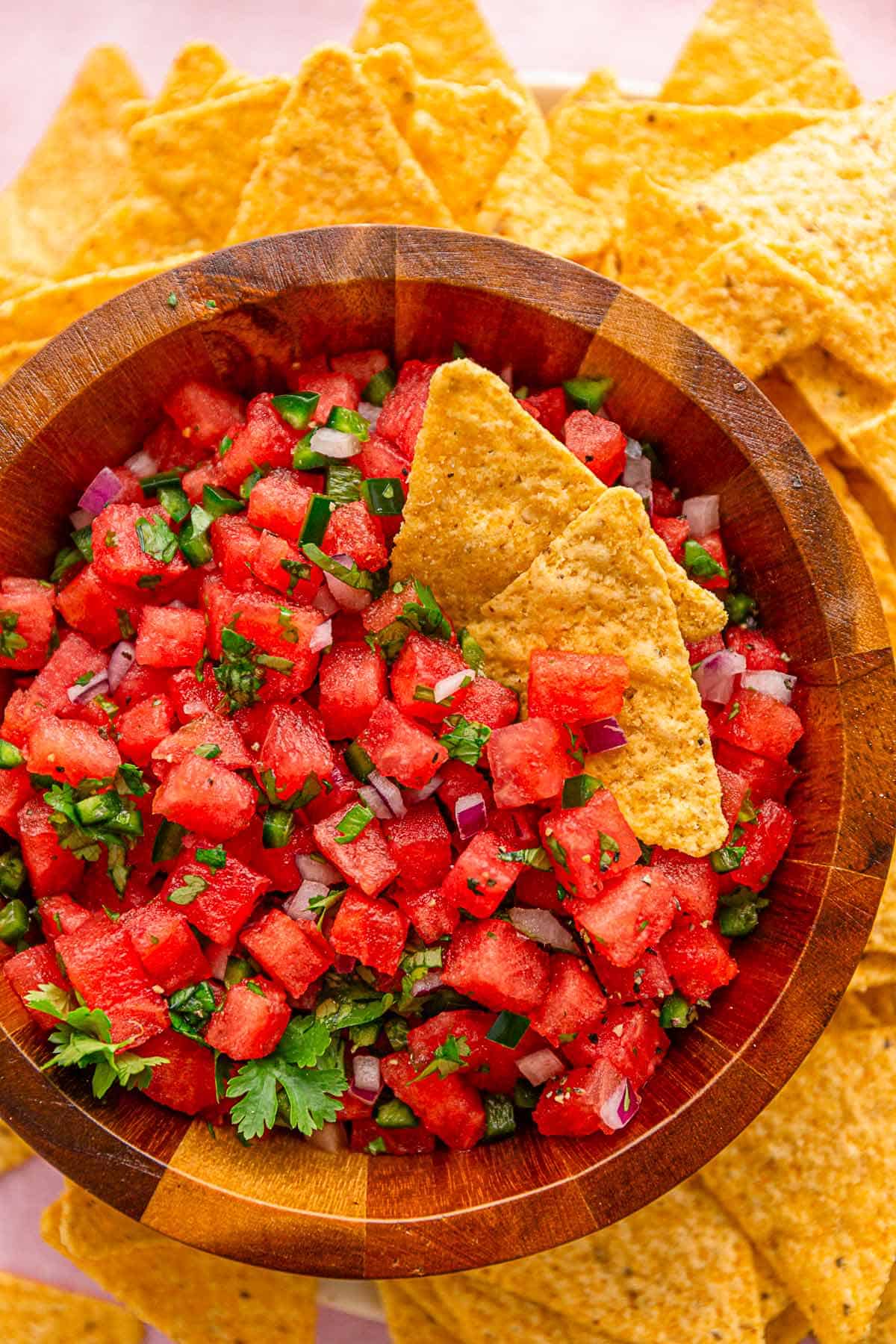 watermelon salsa with tortilla chips.