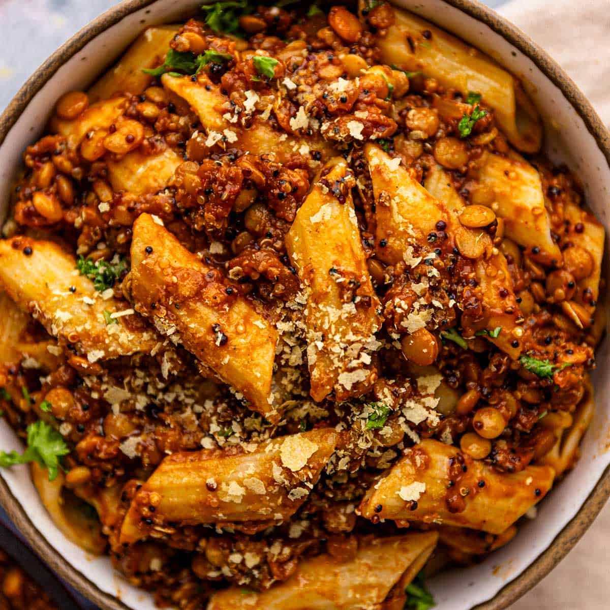 Vegan lentil bolognese pasta.