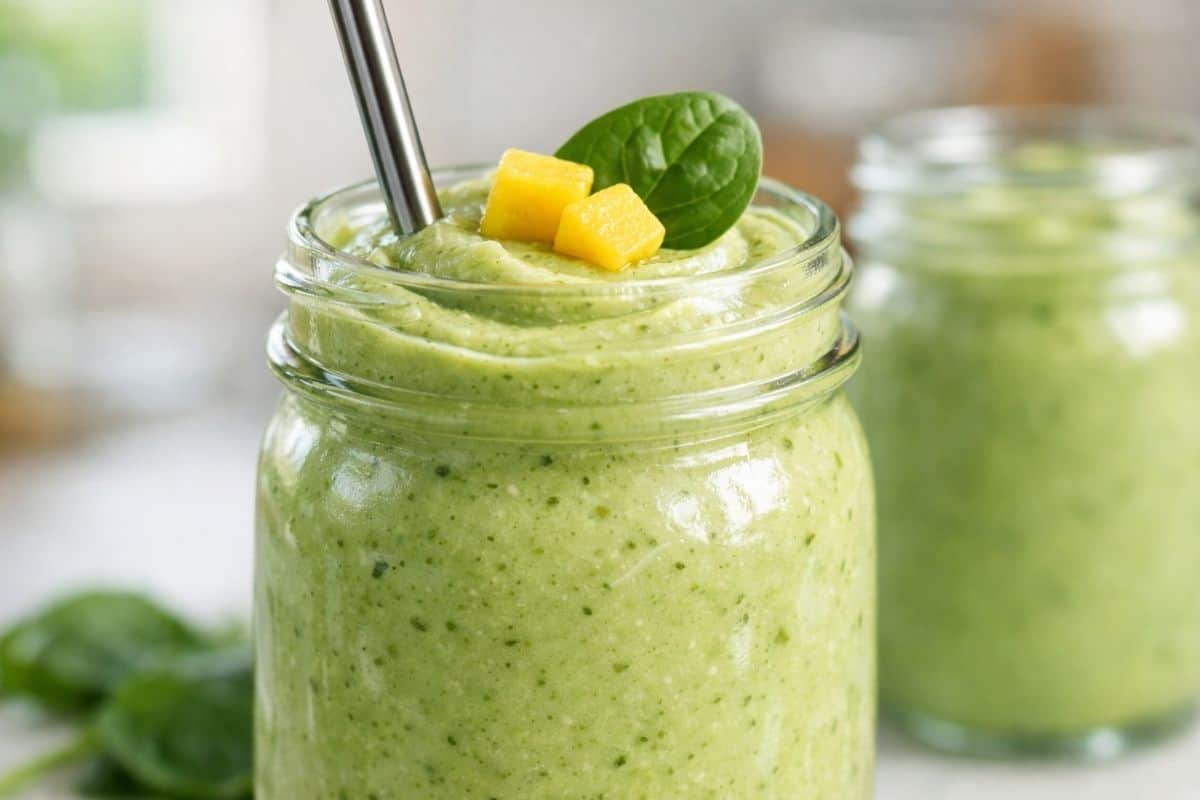 Green smoothie in a glass jar topped with spinach and mango pieces.