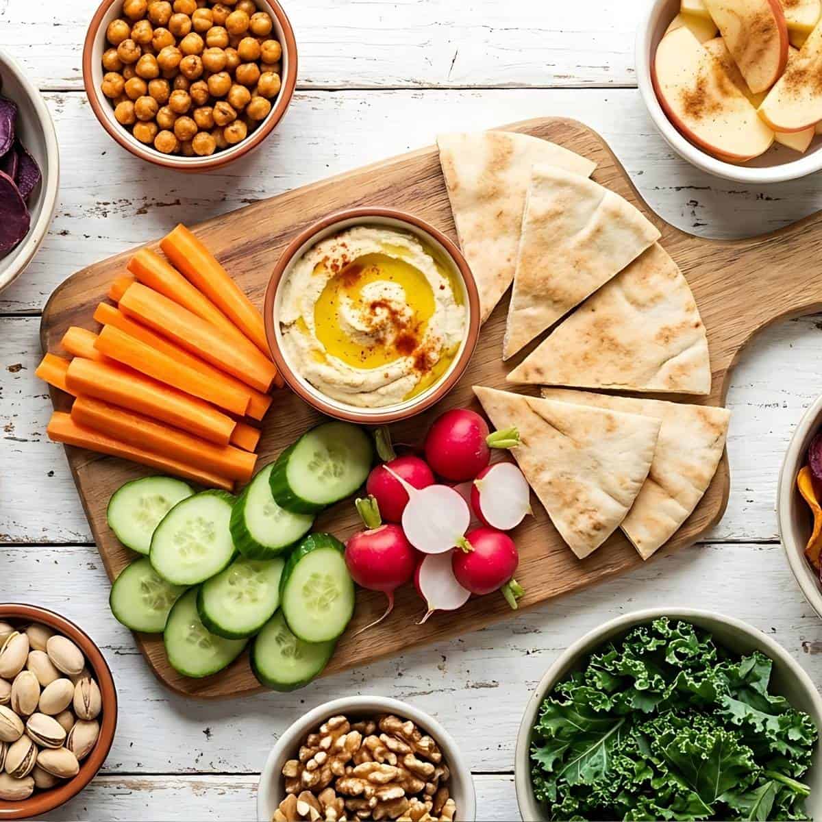 Snack board with hummus, pita bread, carrots, cucumber, radishes, roasted chickpeas, nuts, and kale.