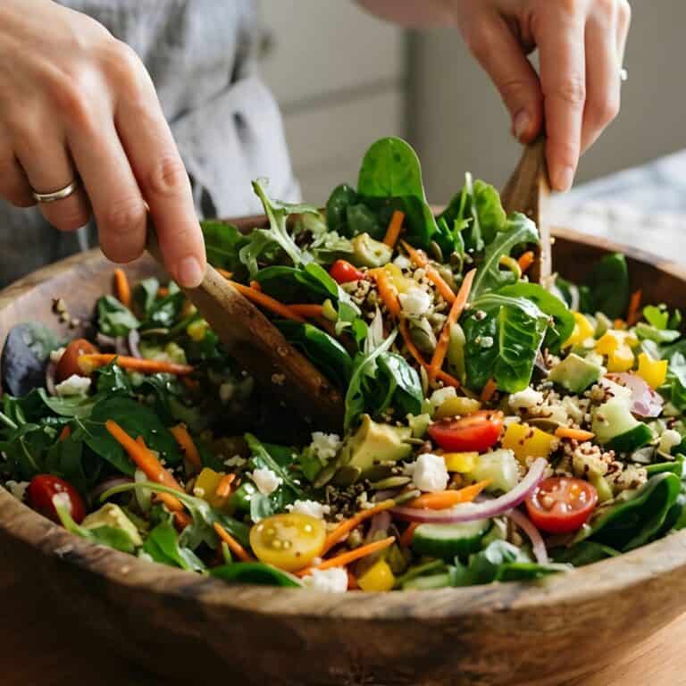 Fresh mixed salad with leafy greens, cherry tomatoes, carrots, red onion, avocado, and seeds being tossed in a wooden bowl.