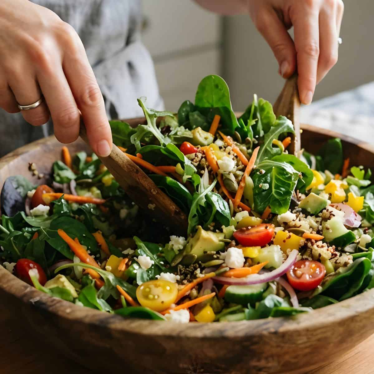 Fresh mixed salad with leafy greens, cherry tomatoes, carrots, red onion, avocado, and seeds being tossed in a wooden bowl.