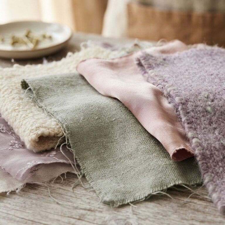 Assorted sustainable vegan fabric swatches in soft green, pink, cream, and lavender tones arranged on a wooden surface.