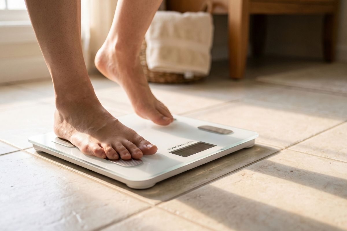 Bare feet stepping onto a digital bathroom scale on a tiled floor in natural sunlight.
