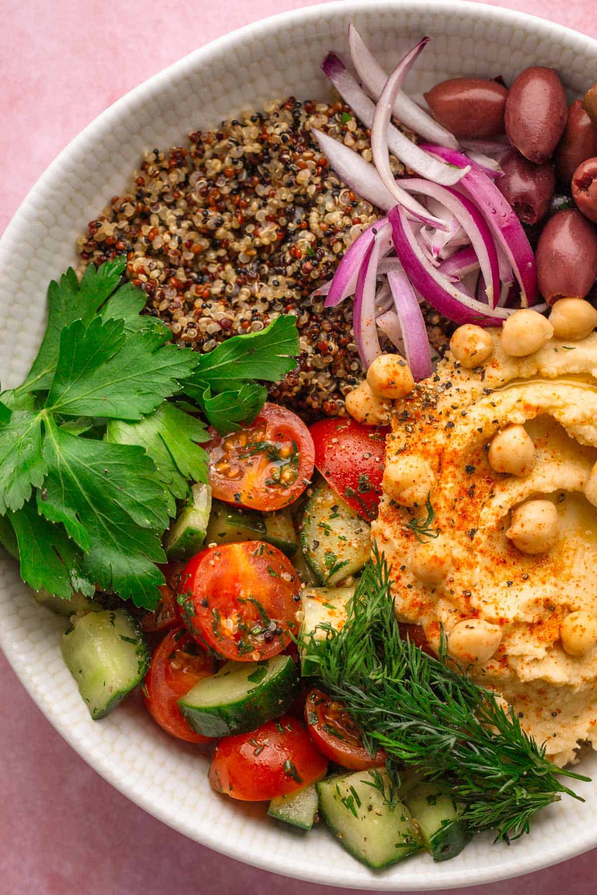 Mediterranean bowl with quinoa and hummus.