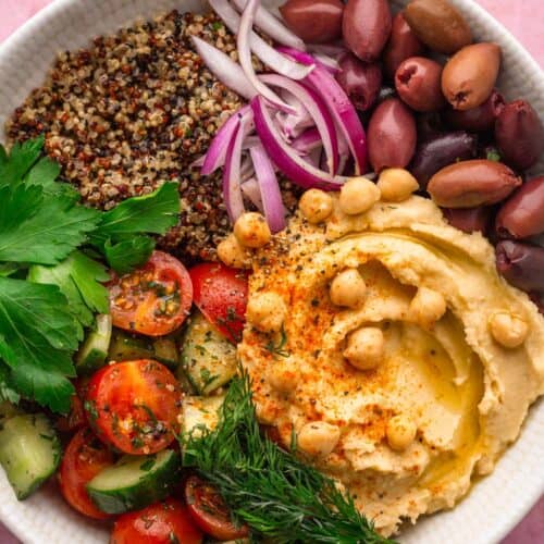 Mediterranean bowl with quinoa and hummus.