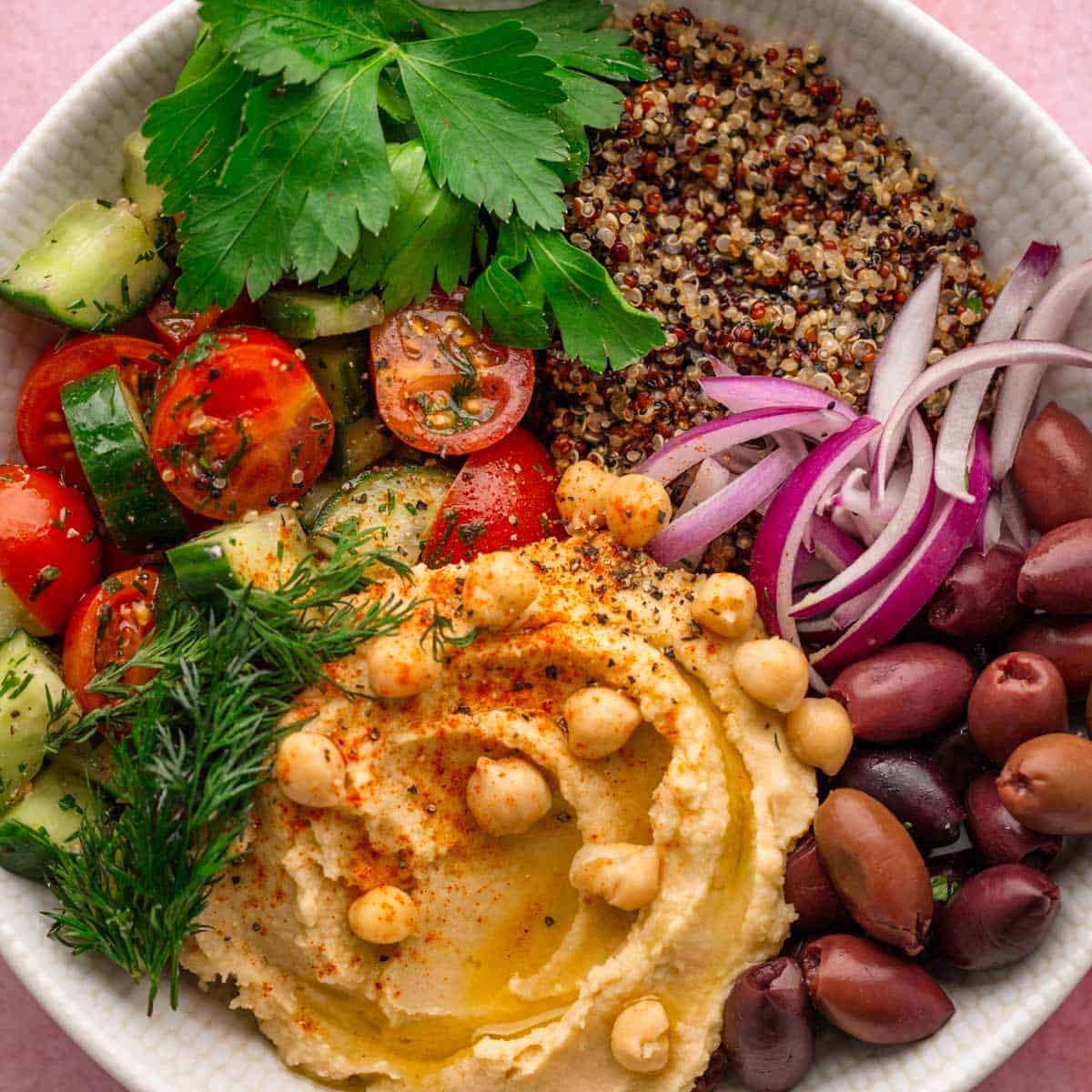 Mediterranean bowl with quinoa and hummus.