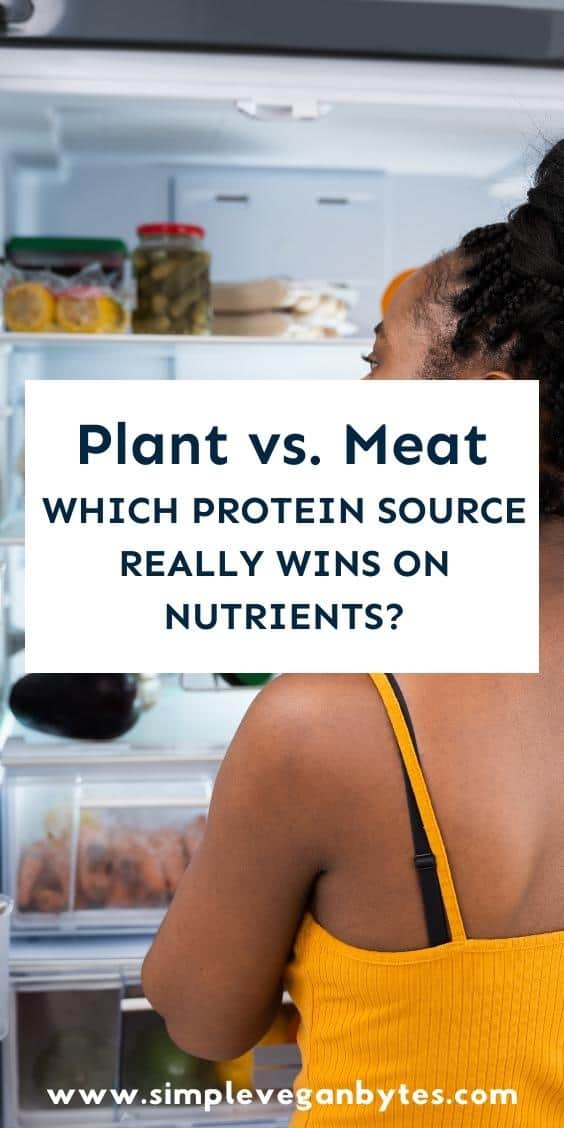 woman standing in front of an open refrigerator, wearing a yellow top, with a text overlay reading "Plant VS. Meat Which Protein Source Really Wins On Nutrients"