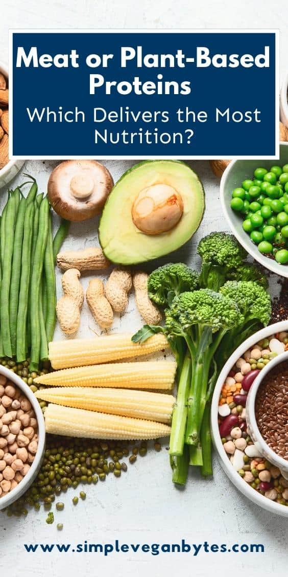 plant-based iron sources, including green beans, mushrooms, avocado, broccoli, peas, peanuts, baby corn, chickpeas, mung beans, and a mix of beans and seeds, with an overlay text that reads"Meat or Plant-Based Proteins Which Delivers the Most Nutrition?"