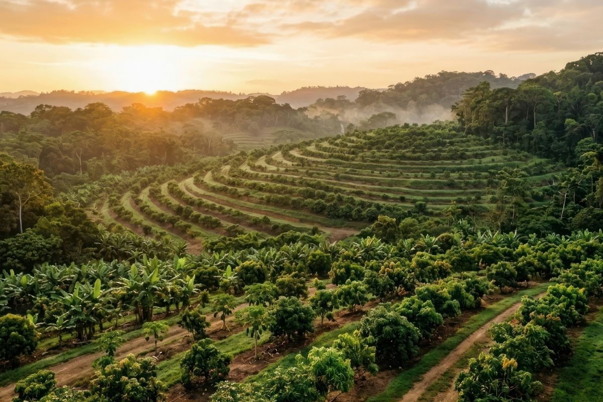 Large agricultural fields and crop terraces surrounded by green forest at sunset.