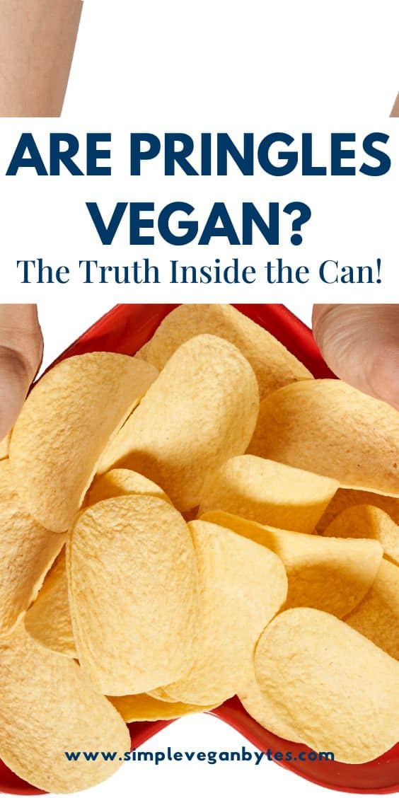 hand holding a red container filled with Pringles chips. Above, bold text reads, "ARE PRINGLES VEGAN? The Truth Inside the Can!"