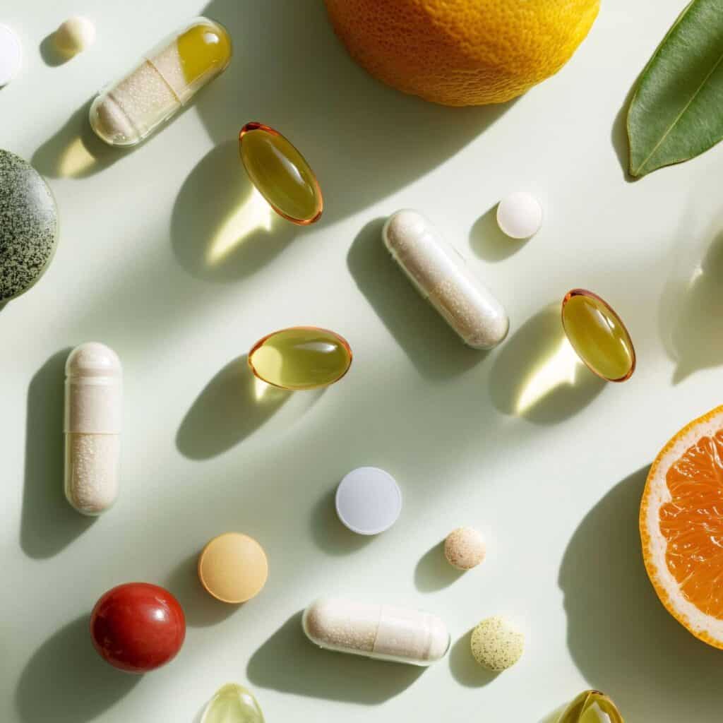 Assorted vitamins and supplements, including capsules, softgels, and tablets, arranged with citrus fruit on a light background.