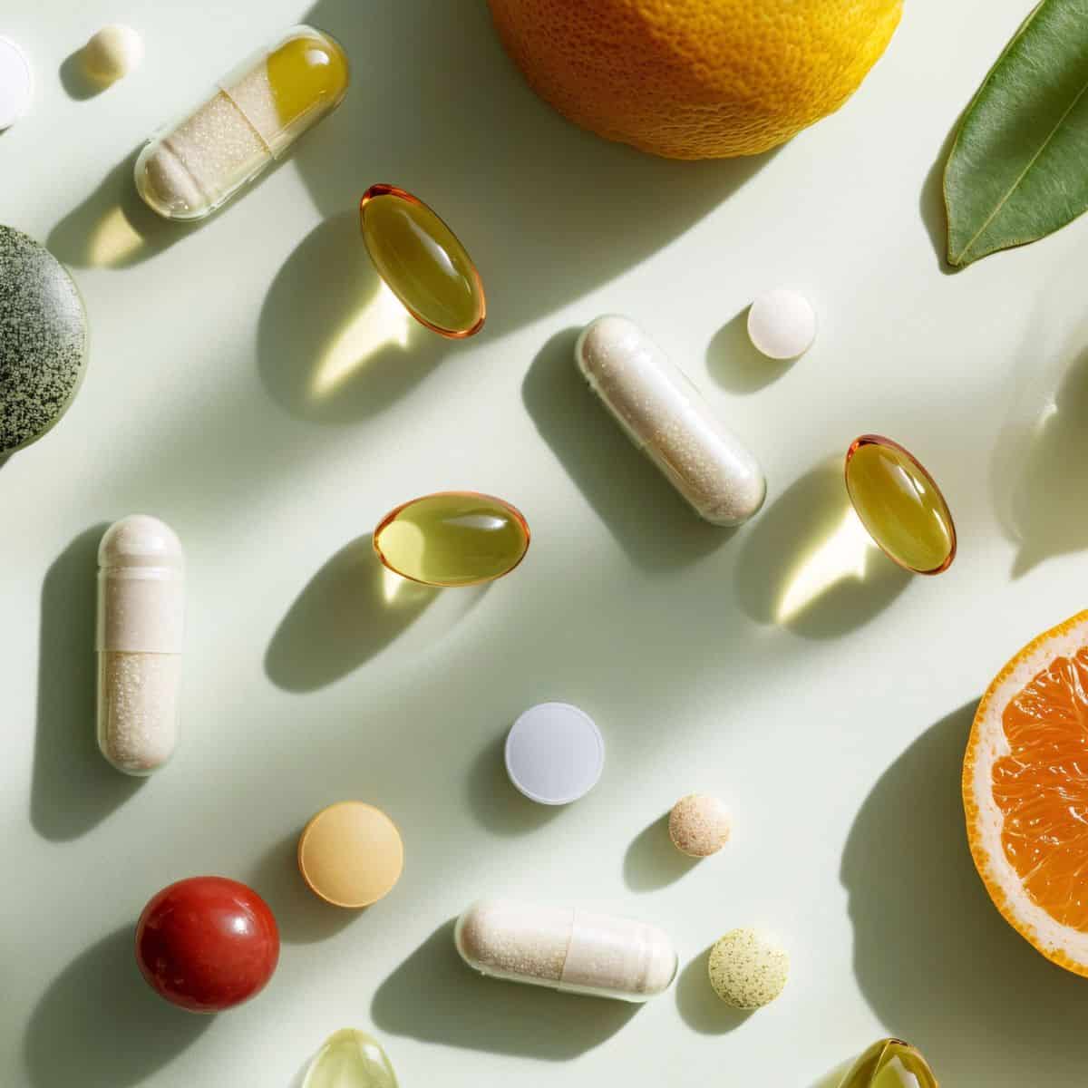 Assorted vitamins and supplements, including capsules, softgels, and tablets, arranged with citrus fruit on a light background.