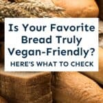variety of bread with grains on a wooden surface, overlaid with the text, "Is Your Favorite Bread Truly Vegan-Friendly? Here's What to Check."