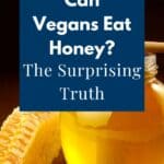 Pin image with image of a glass filled with honey and a honeycomb next to it, with overlay text reading "Can Vegans Eat Honey? The Surprising Truth"