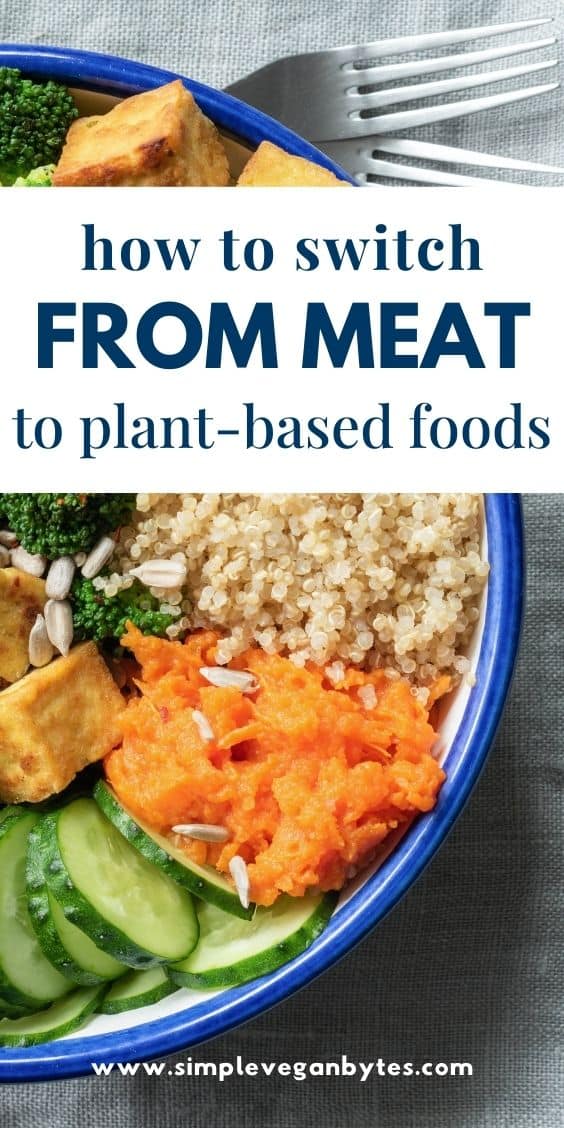 Vegan quinoa bowl with beans, tofu, grated carrots, and cucumber, plant-based protein for transitioning from meat