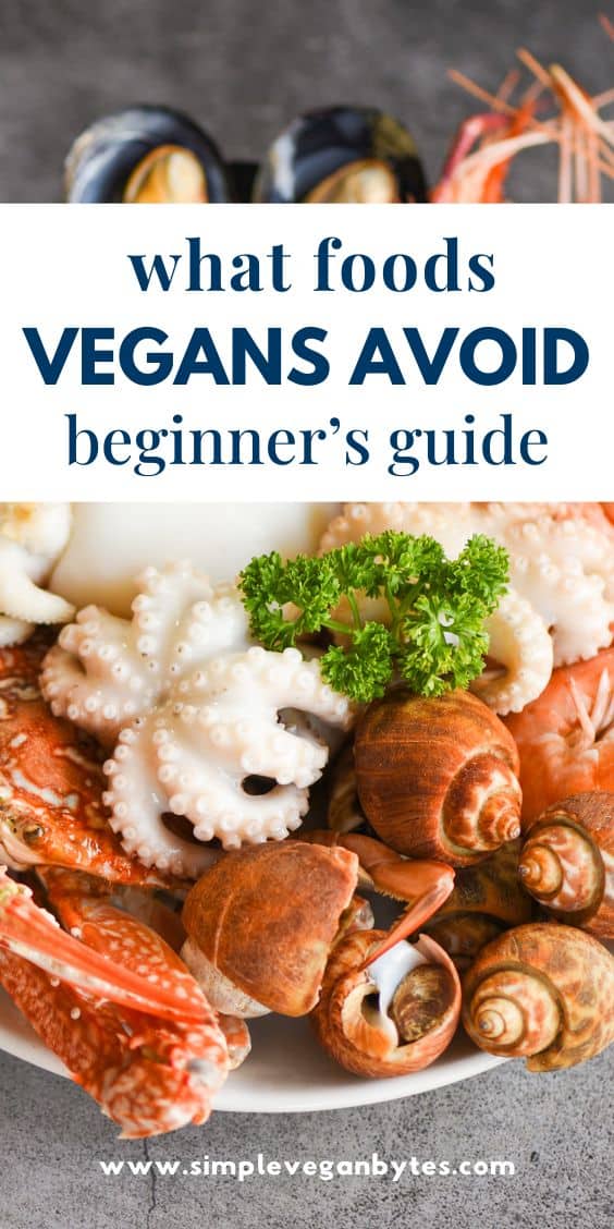 Plate of assorted seafood with text ‘What Foods Vegans Avoid Beginner Guide.’