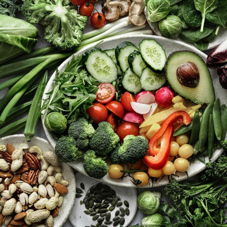 Colorful assortment of fresh vegetables, including broccoli, cucumber, avocado, cherry tomatoes, bell peppers, radishes, and leafy greens, arranged on a platter.