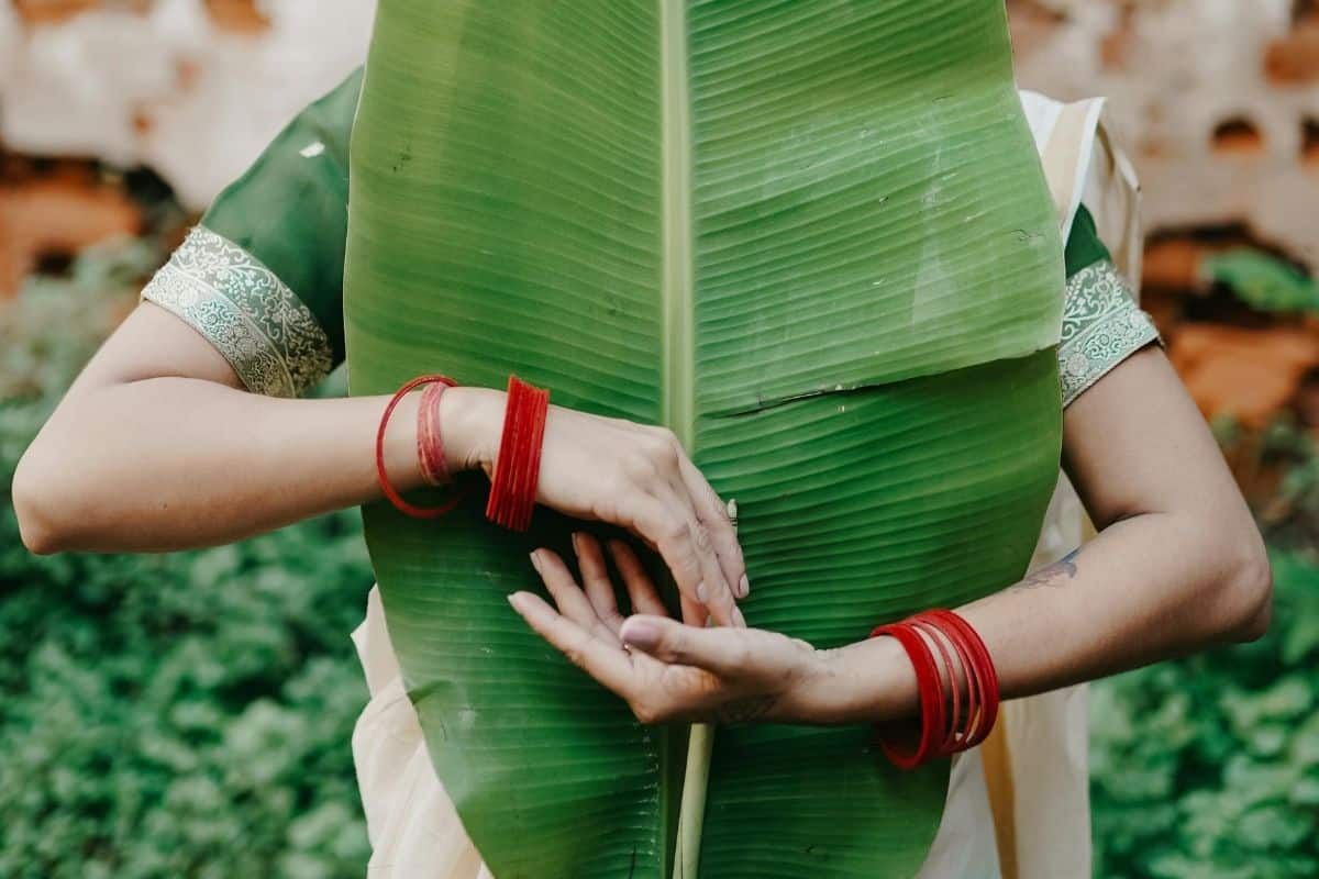 Person holding a large green leaf with hands positioned in a traditional Indian style