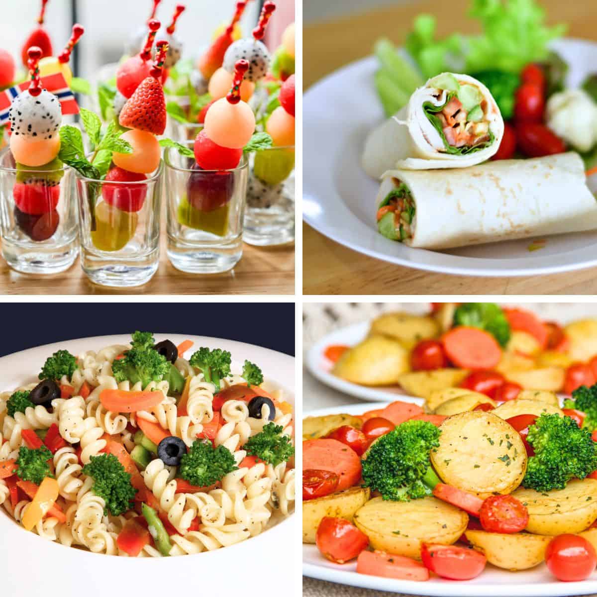 Collage of fruit skewers, veggie pinwheels, pasta salad, and roasted vegetables on plates.