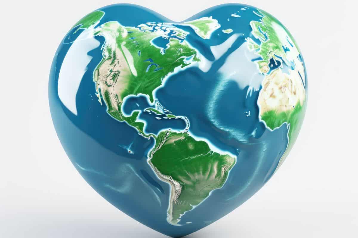 Heart shaped globe showing the continents of North and South America, Europe, and Africa, symbolizing environmental sustainability and global impact.