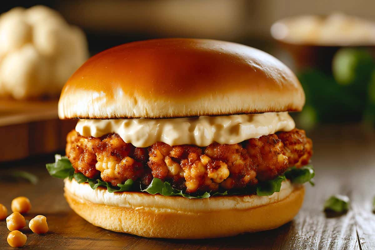 Close-up of a vegan chickpea salad sandwich on a brioche style bun with lettuce and creamy dressing 