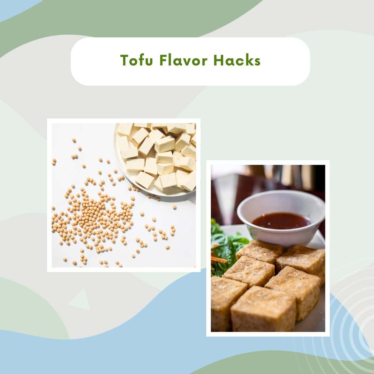 Tofu cubes with soybeans and dipping sauce on a kitchen surface