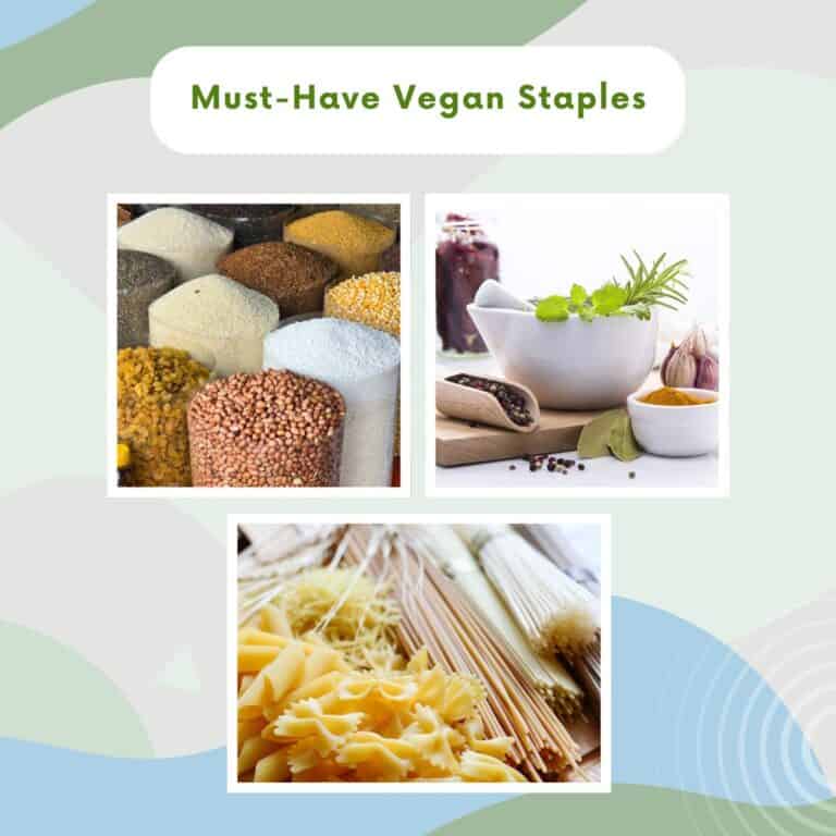 Collage of vegan pantry staples including grains, spices, and pasta