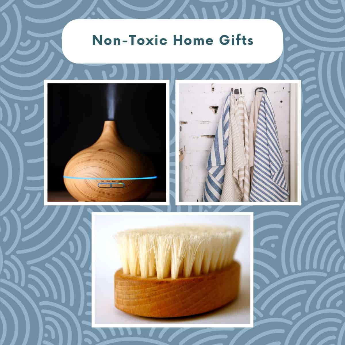 Collage featuring a wooden essential oil diffuser, reusable cloth towels, and a natural bristle cleaning brush on a patterned blue background.