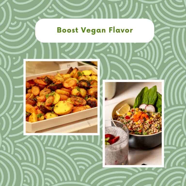 Collage of roasted vegetables and a plant-based grain bowl with fresh toppings.