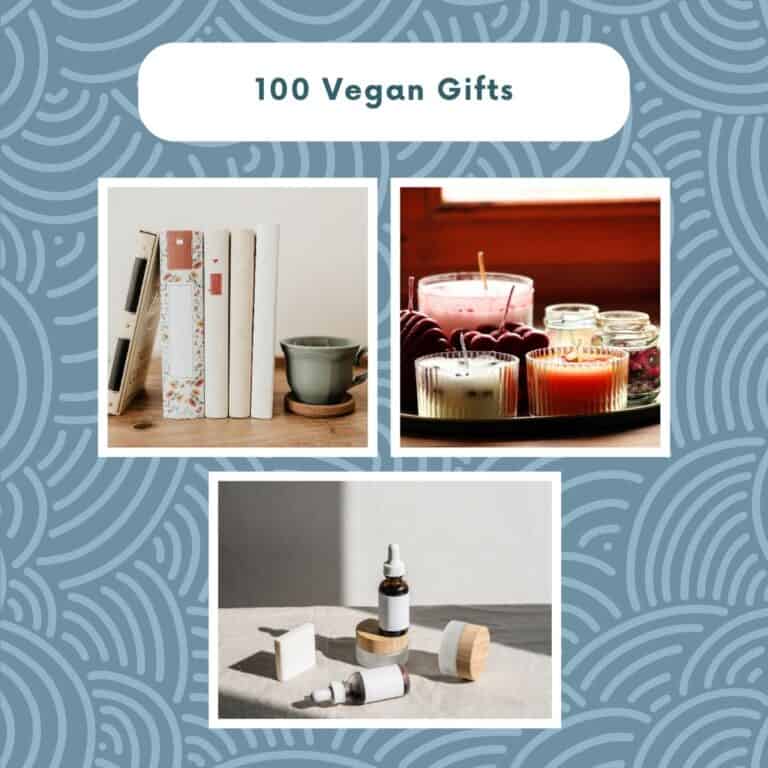 Vegan gift collage with cookbook, candles, and self-care items