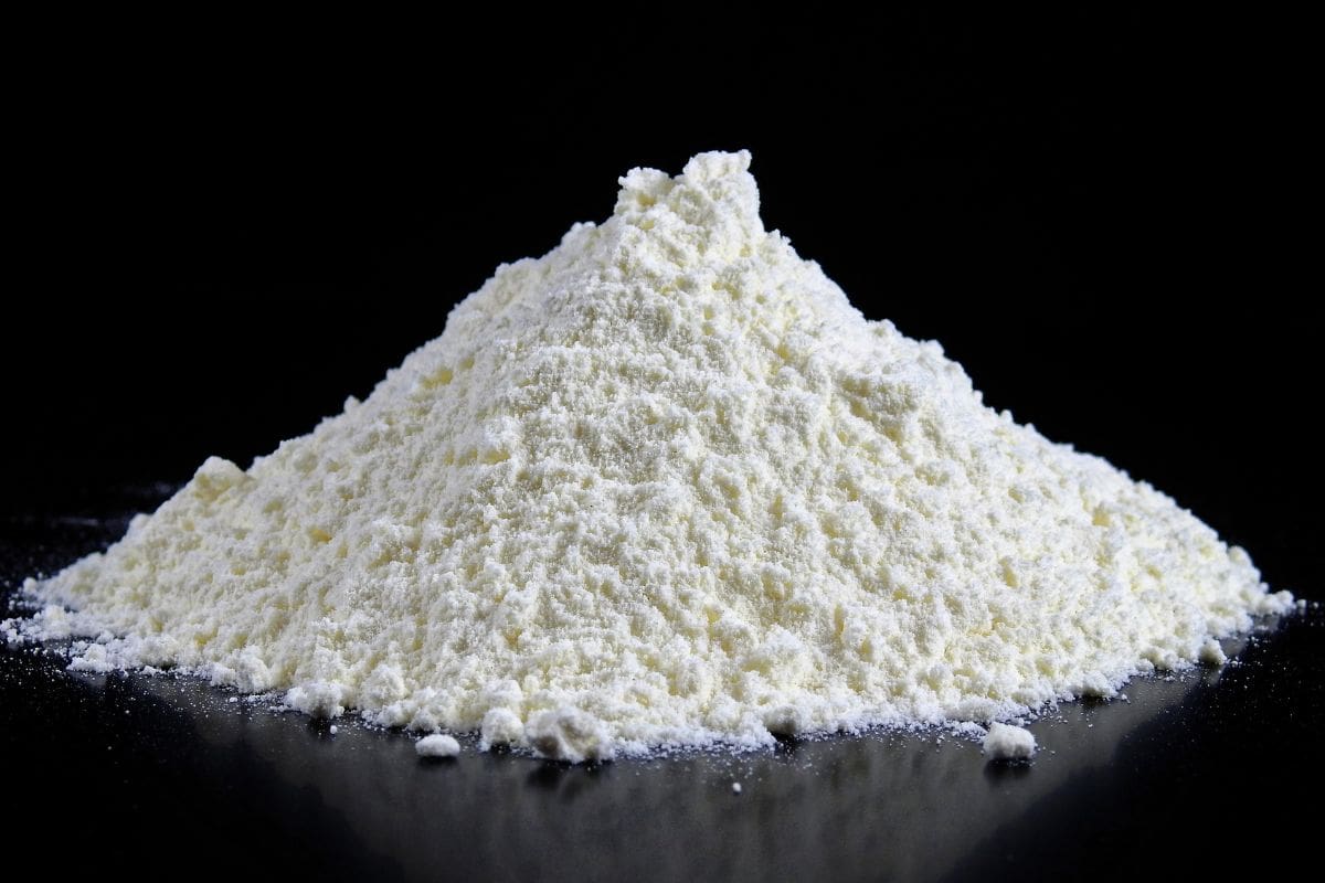 White protein powder piled into a small mound on a dark surface