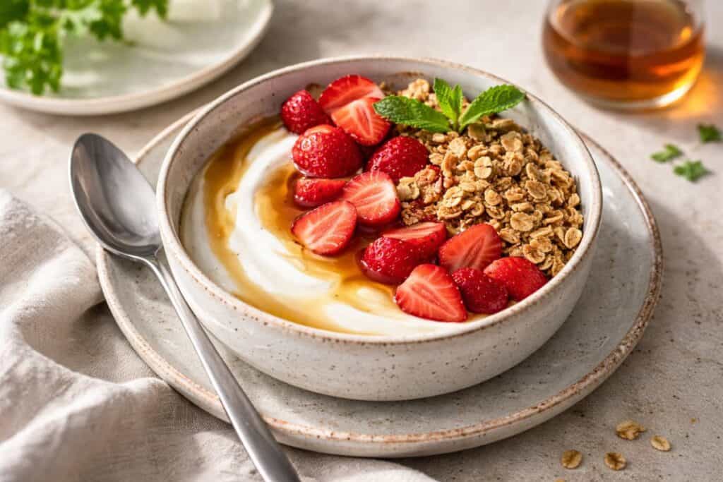 Dairy-free yogurt bowl with strawberries, granola, and maple syrup