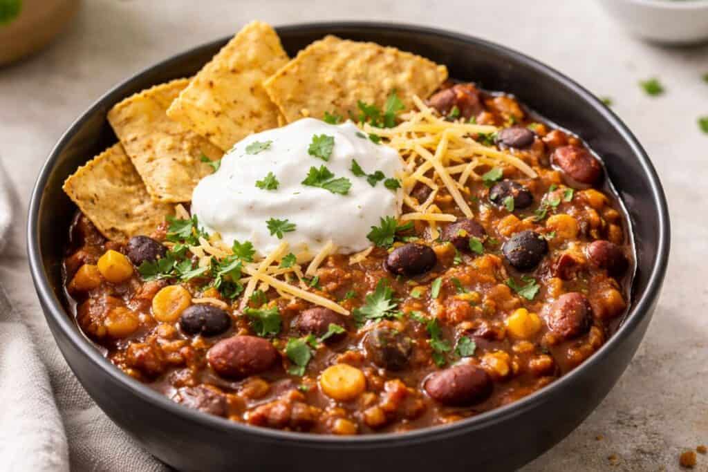 Vegan chili with beans, tortilla chips, and sour cream garnish