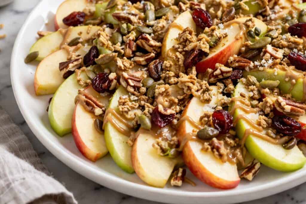 Apple nachos with peanut butter drizzle, granola, and dried fruit