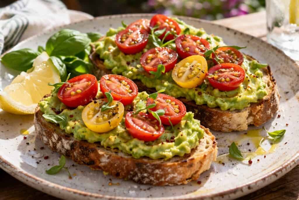 Avocado toast topped with cherry tomatoes and herbs