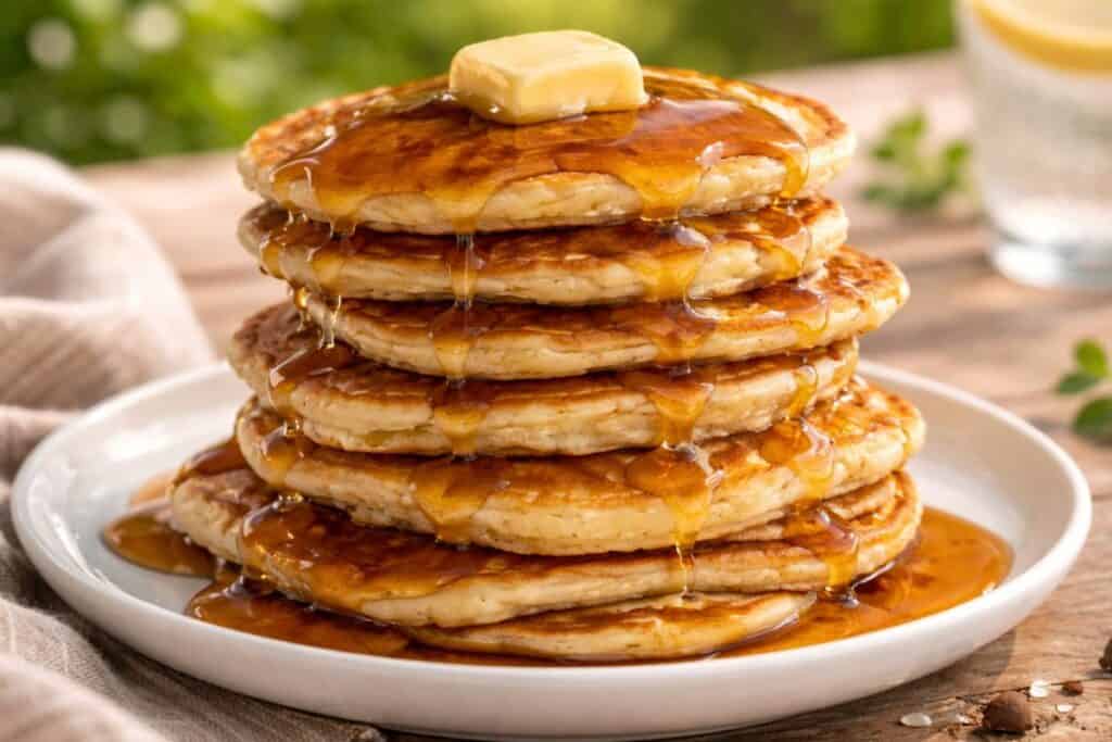 Stack of vegan pancakes with maple syrup and butter on top