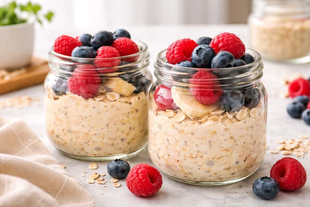 Overnight oats in glass jars topped with raspberries, blueberries, banana slices, and oats.