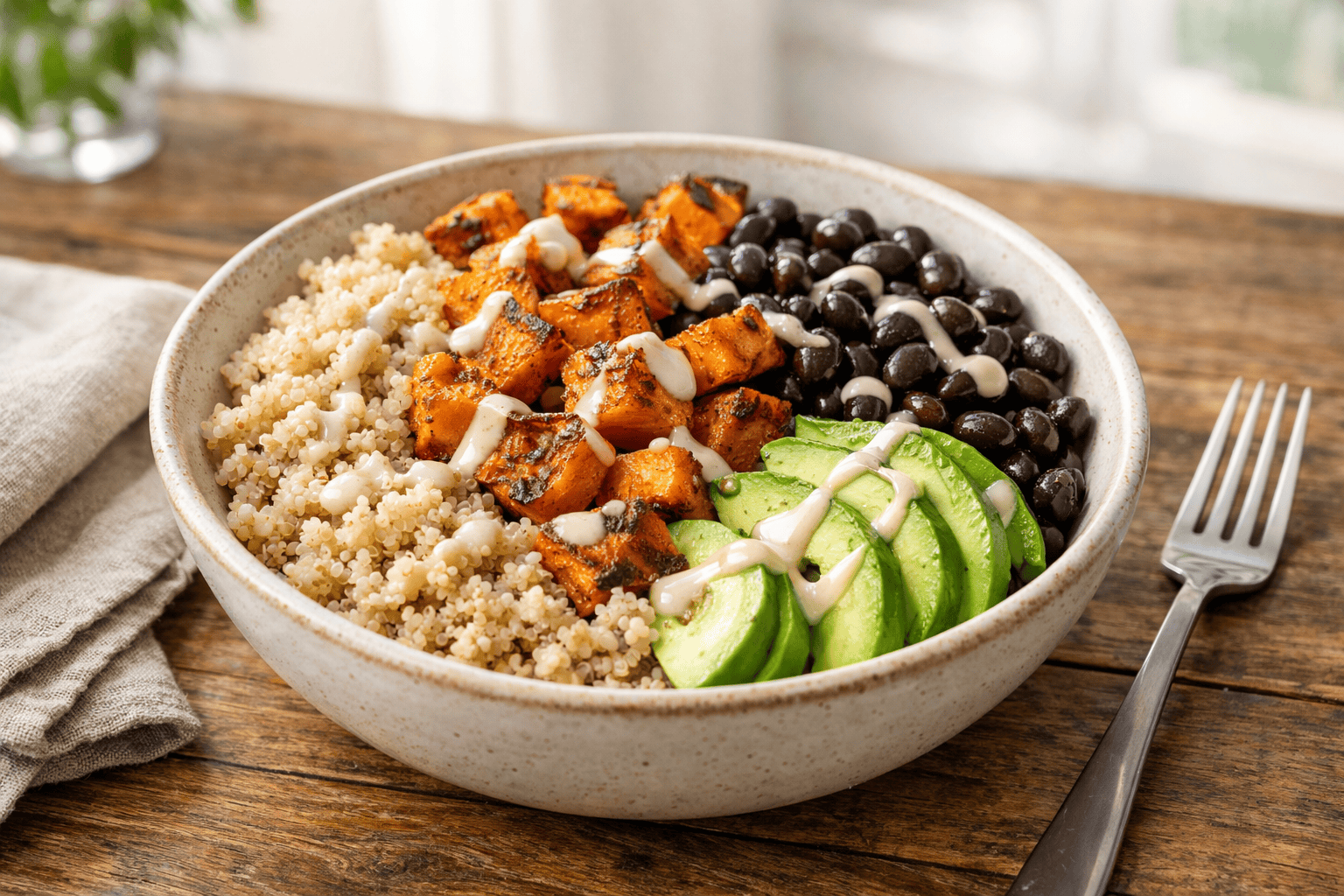 Quinoa bowl with roasted sweet potatoes, black beans, avocado, and creamy dressing.