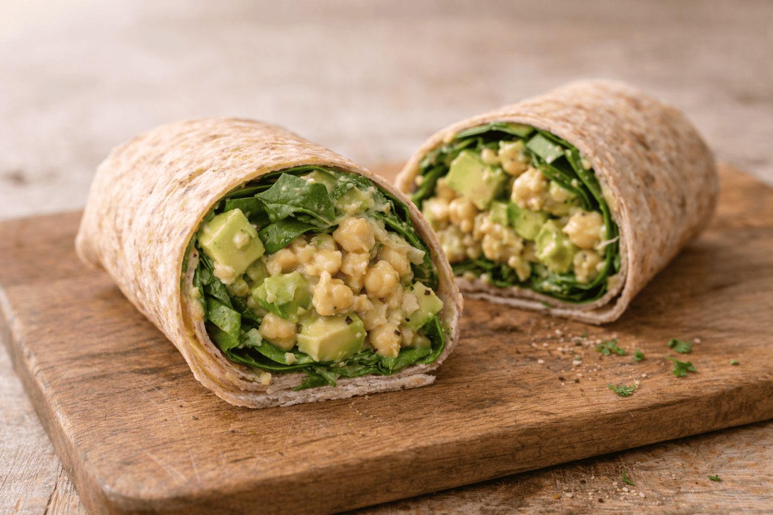 Whole wheat wrap filled with chickpeas, avocado, and fresh greens, cut in half.