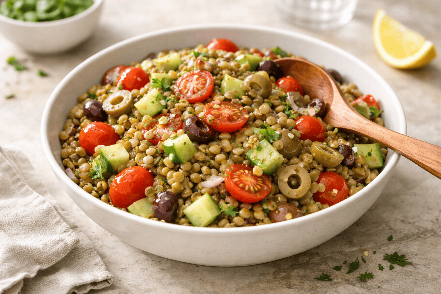Lentil salad with cherry tomatoes, cucumber, olives, and herbs in a white bowl.