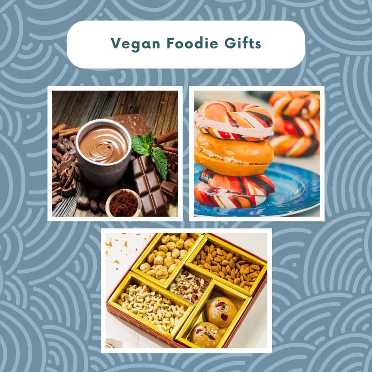 Vegan foodie gift ideas featuring chocolate, rainbow bagels, and gourmet snack box