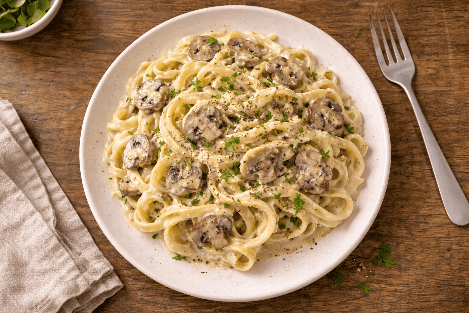 Creamy mushroom fettuccine pasta topped with herbs on a white plate.
