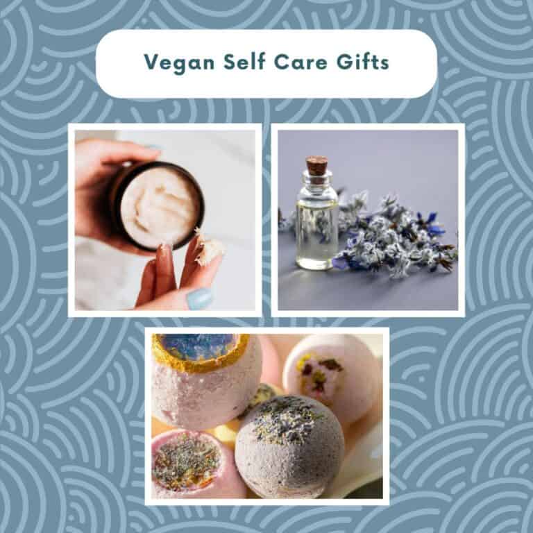 Vegan self care gifts including body scrub, essential oils, and bath bombs for relaxing home spa rituals.