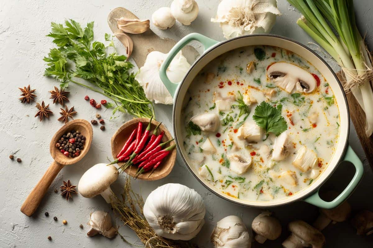 Creamy vegan soup made with mushrooms and herbs, surrounded by fresh plant-based ingredients.