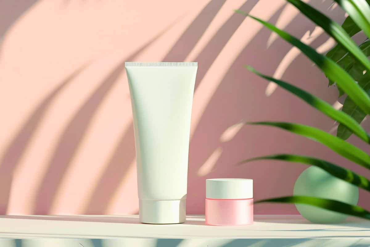 Vegan skincare products in minimal packaging on a soft pink background with natural light.