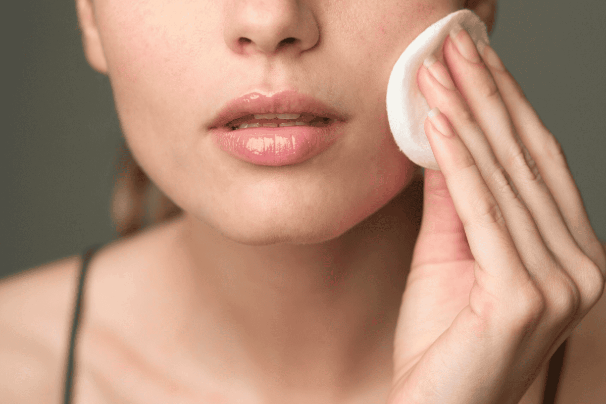 Applying toner with cotton pad for gentle facial cleansing