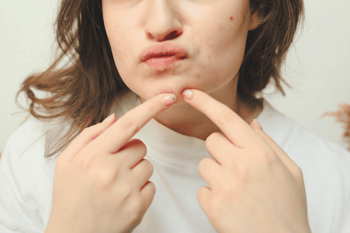 Checking acne and skin texture before adding toner to routine