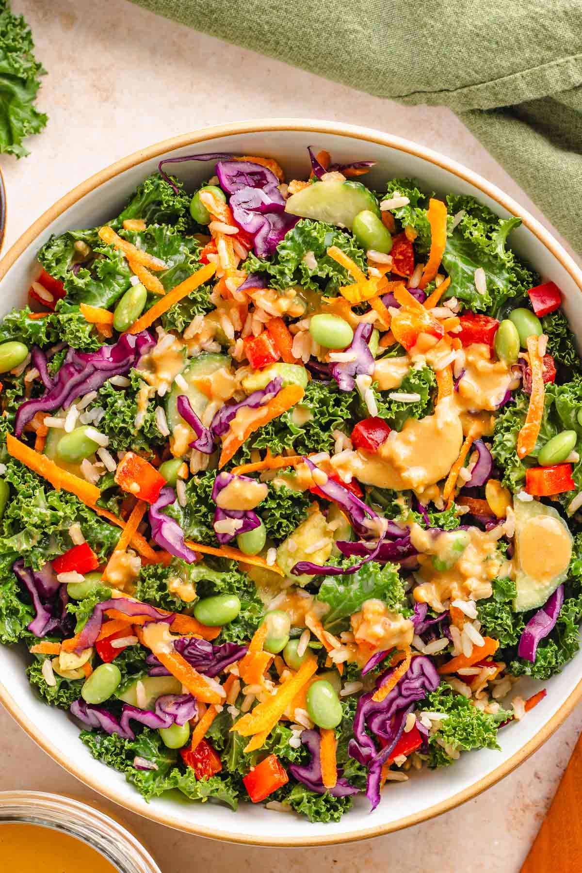 Healthy kale edamame salad with creamy miso ginger dressing